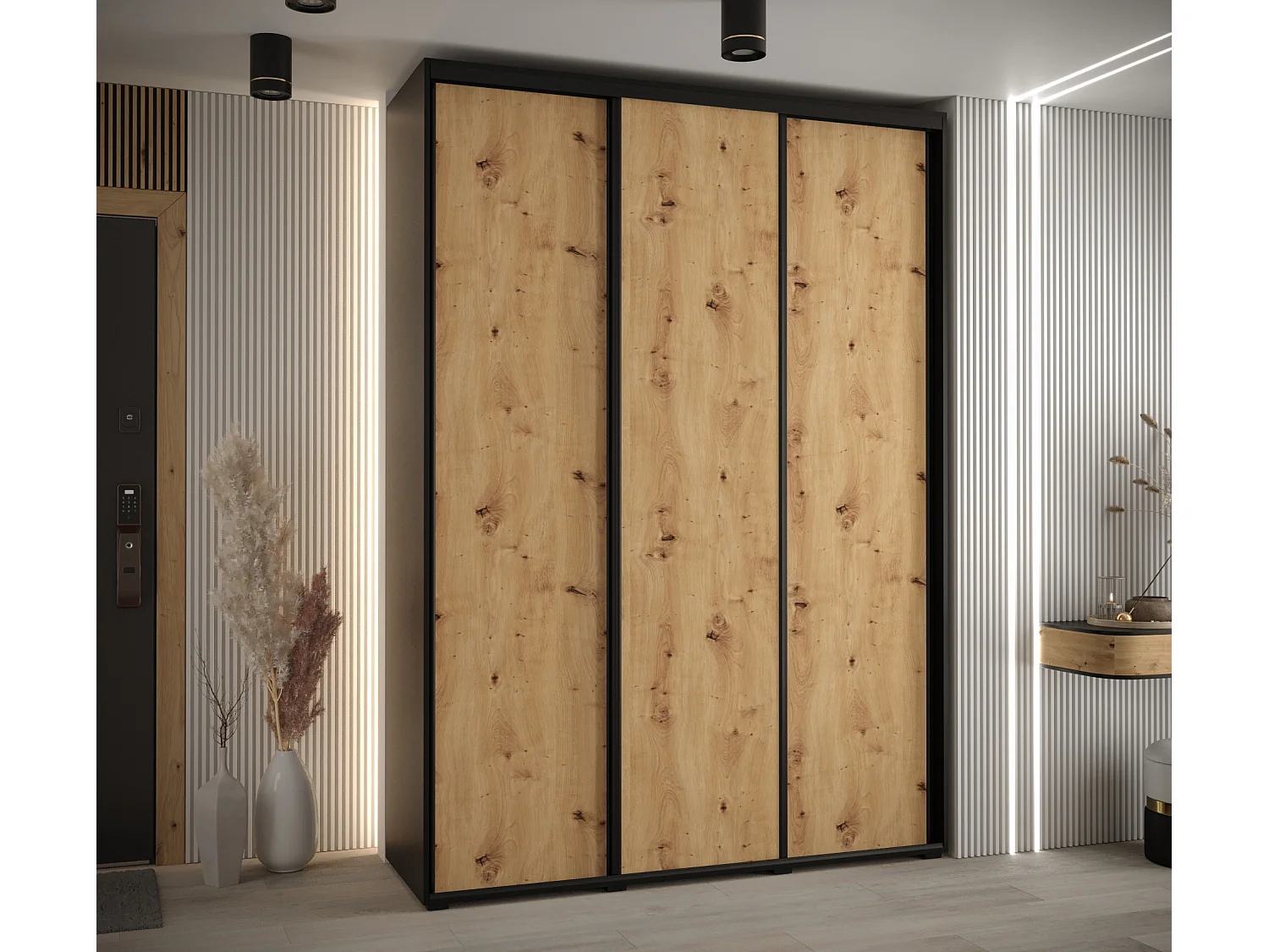 ARMOIRE DAVOS 1 À PORTES COULISSANTES 235,2/180/60 3 portes (Noir/Artisan/Noir)