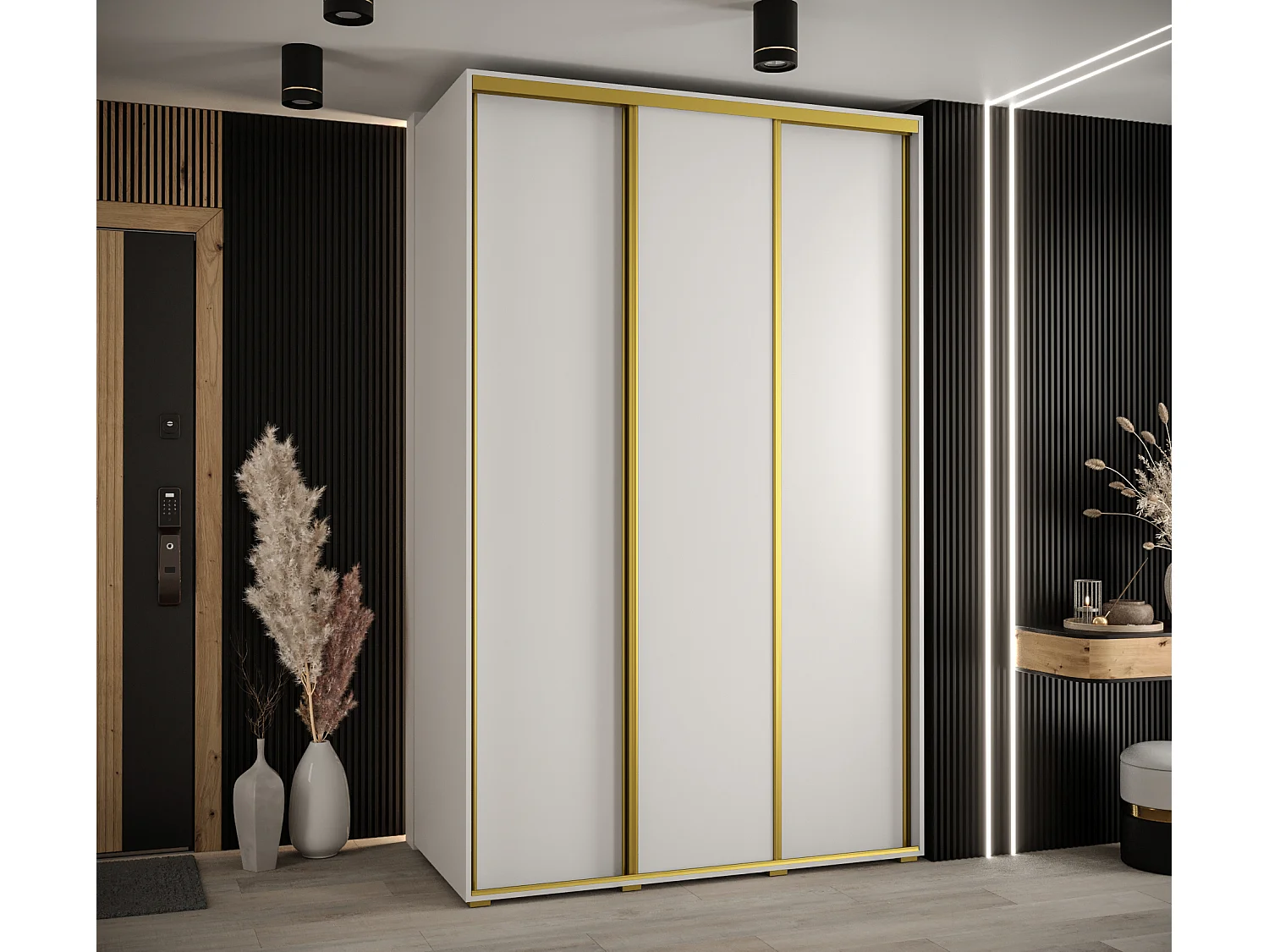 ARMOIRE DAVOS 1 À PORTES COULISSANTES 235,2/160/60 3 portes (Blanc/Blanc/Or)