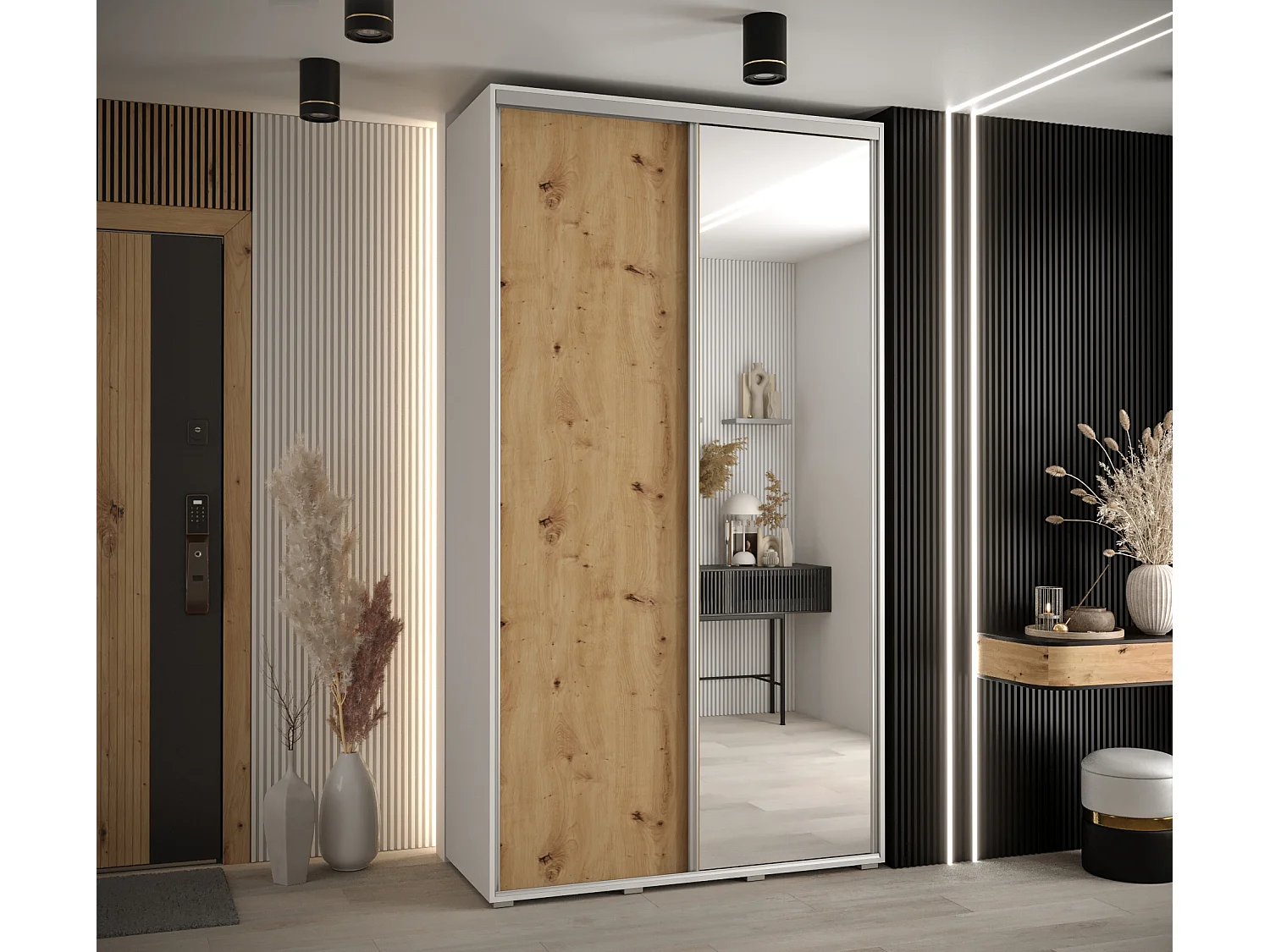 ARMOIRE DAVOS 3 À PORTES COULISSANTES 235,2/130/60 2 portes (Blanc/Artisan/Argent)