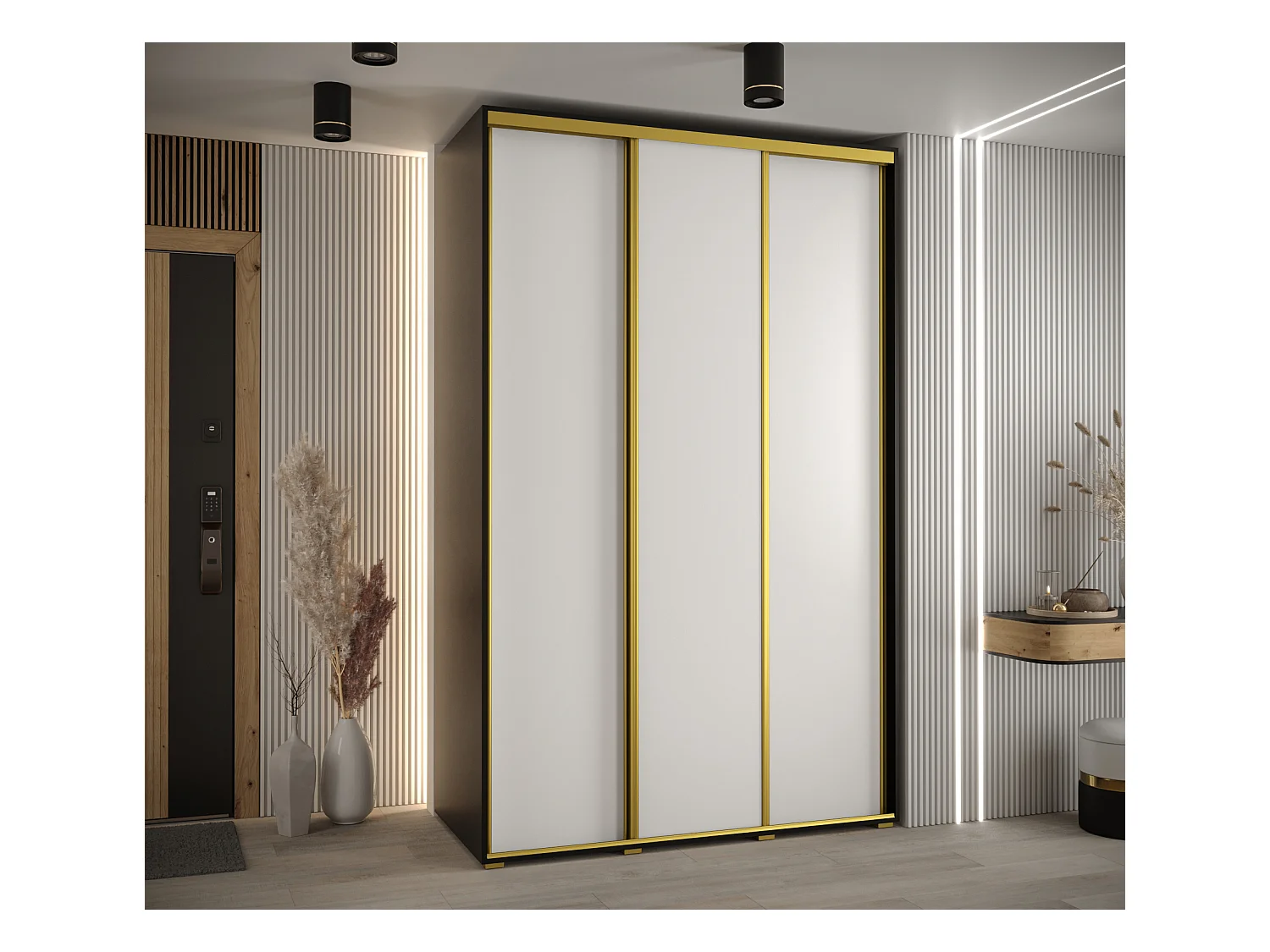 ARMOIRE DAVOS 1 À PORTES COULISSANTES 235,2/160/60 3 portes (Noir/Blanc/Or)