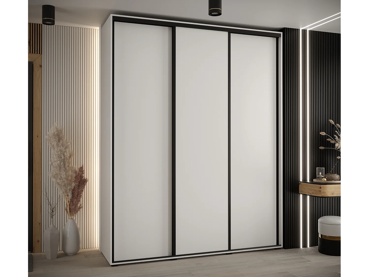 ARMOIRE DAVOS 1 À PORTES COULISSANTES 235,2/200/60 3 portes (Blanc/Blanc/Noir)