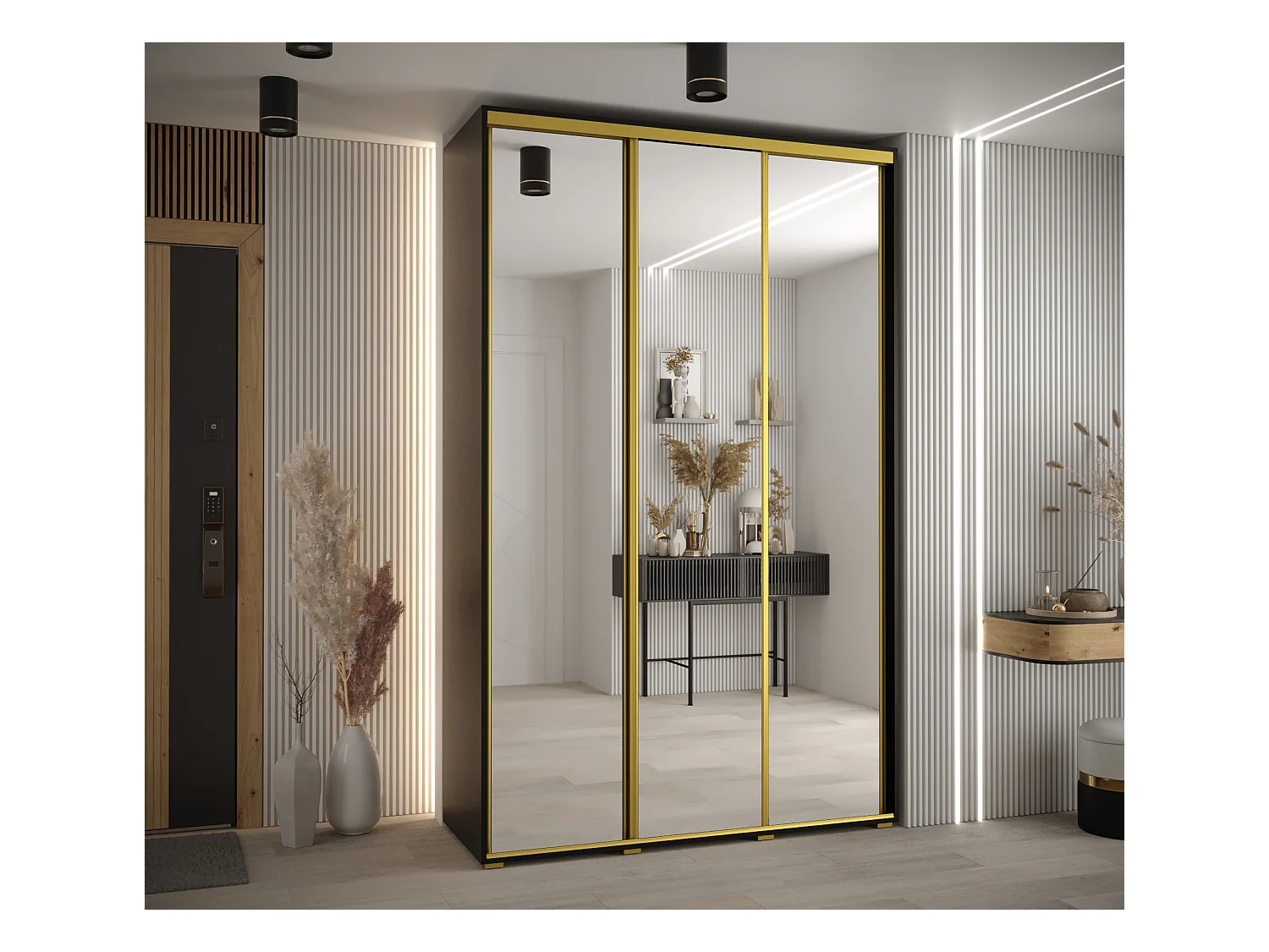 ARMOIRE DAVOS 2 À PORTES COULISSANTES 235,2/170/45 3 portes (Noir/Noir/Or)