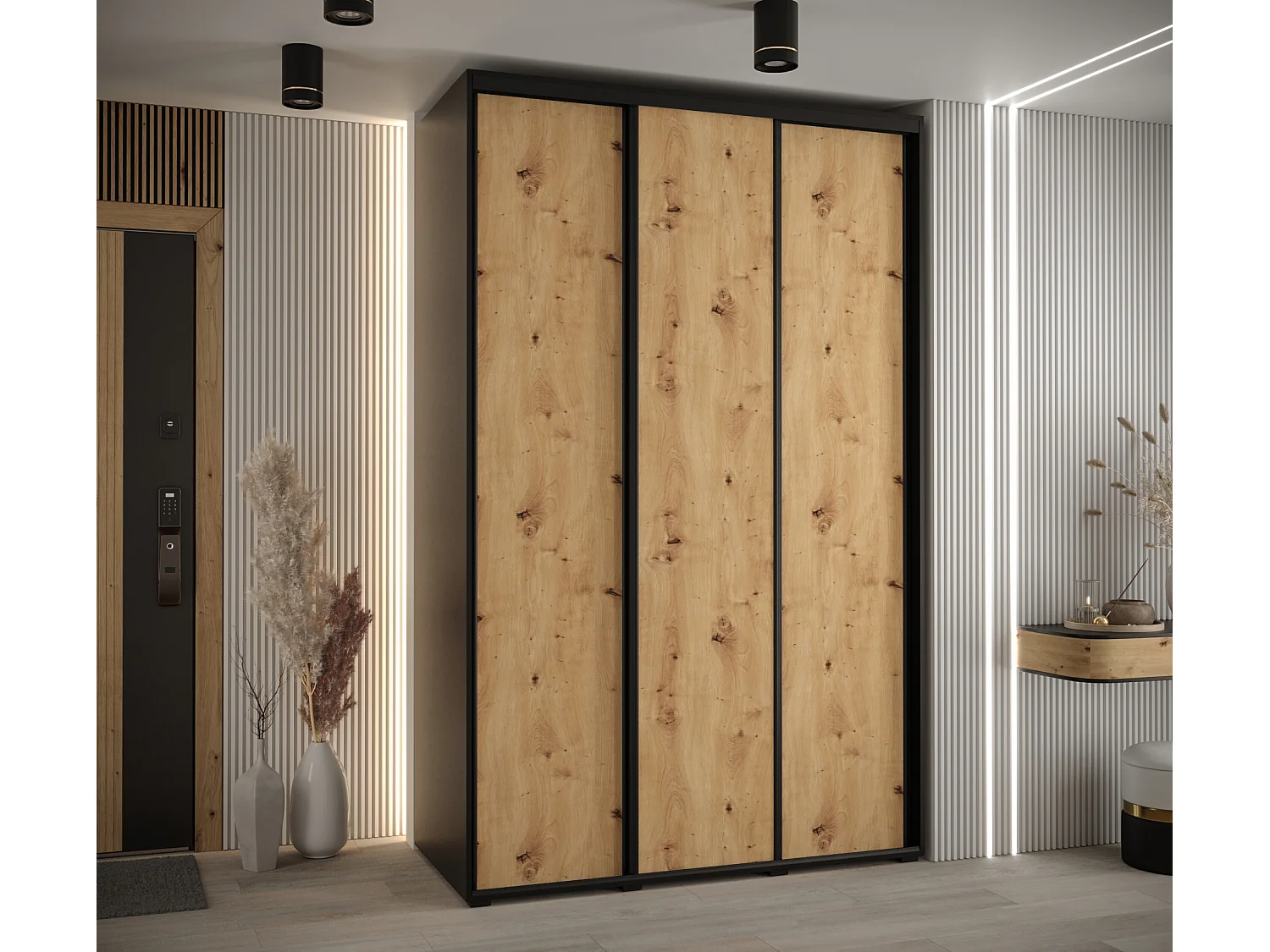 ARMOIRE DAVOS 1 À PORTES COULISSANTES 235,2/160/60 3 portes (Noir/Artisan/Noir)