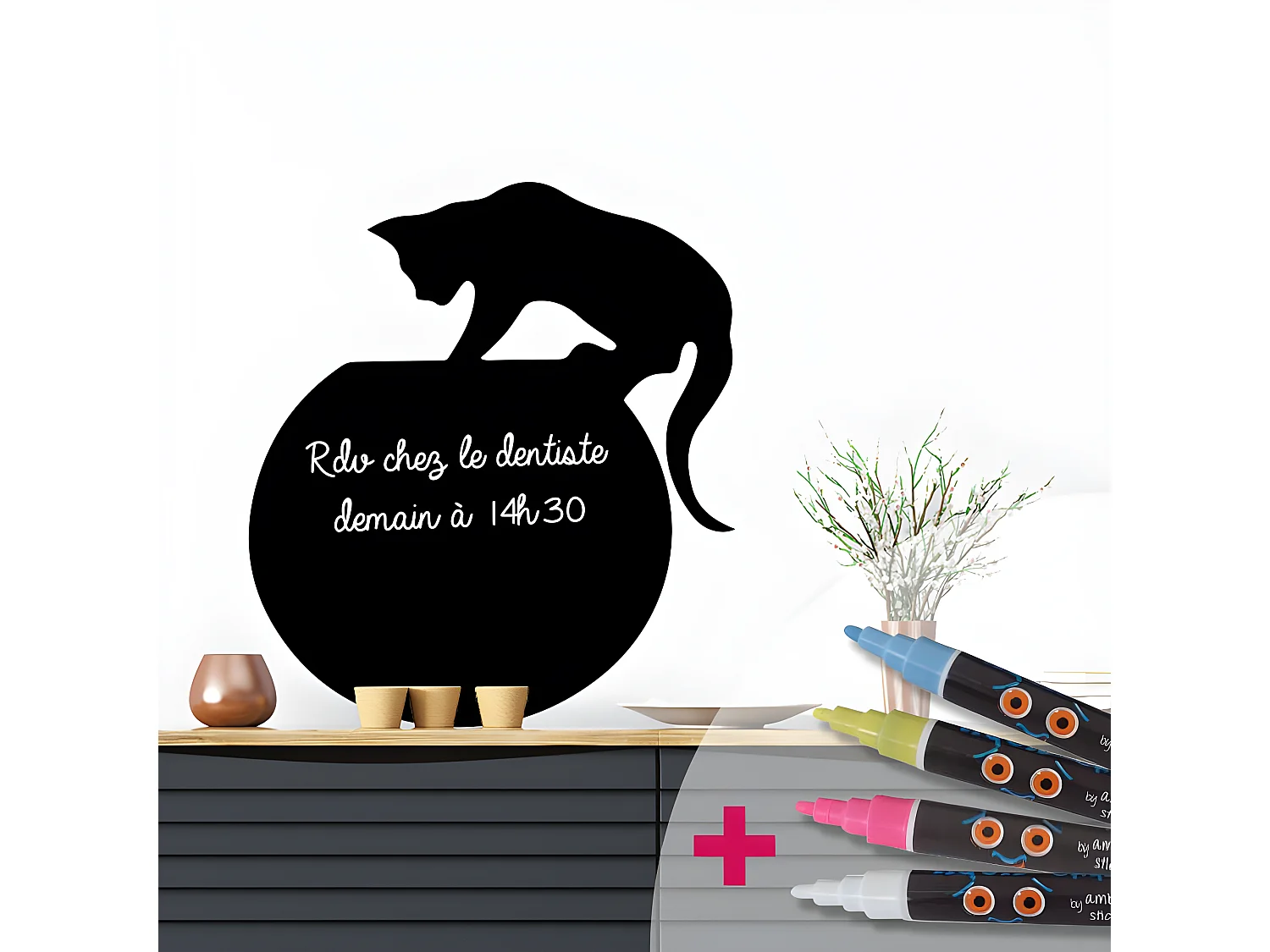 Sticker ardoise tableau noir - stickers muraux adhésif effaçable - CHATON SUR L'AQUARIUM + 4 CRAIES LIQUIDES - 130x115cm