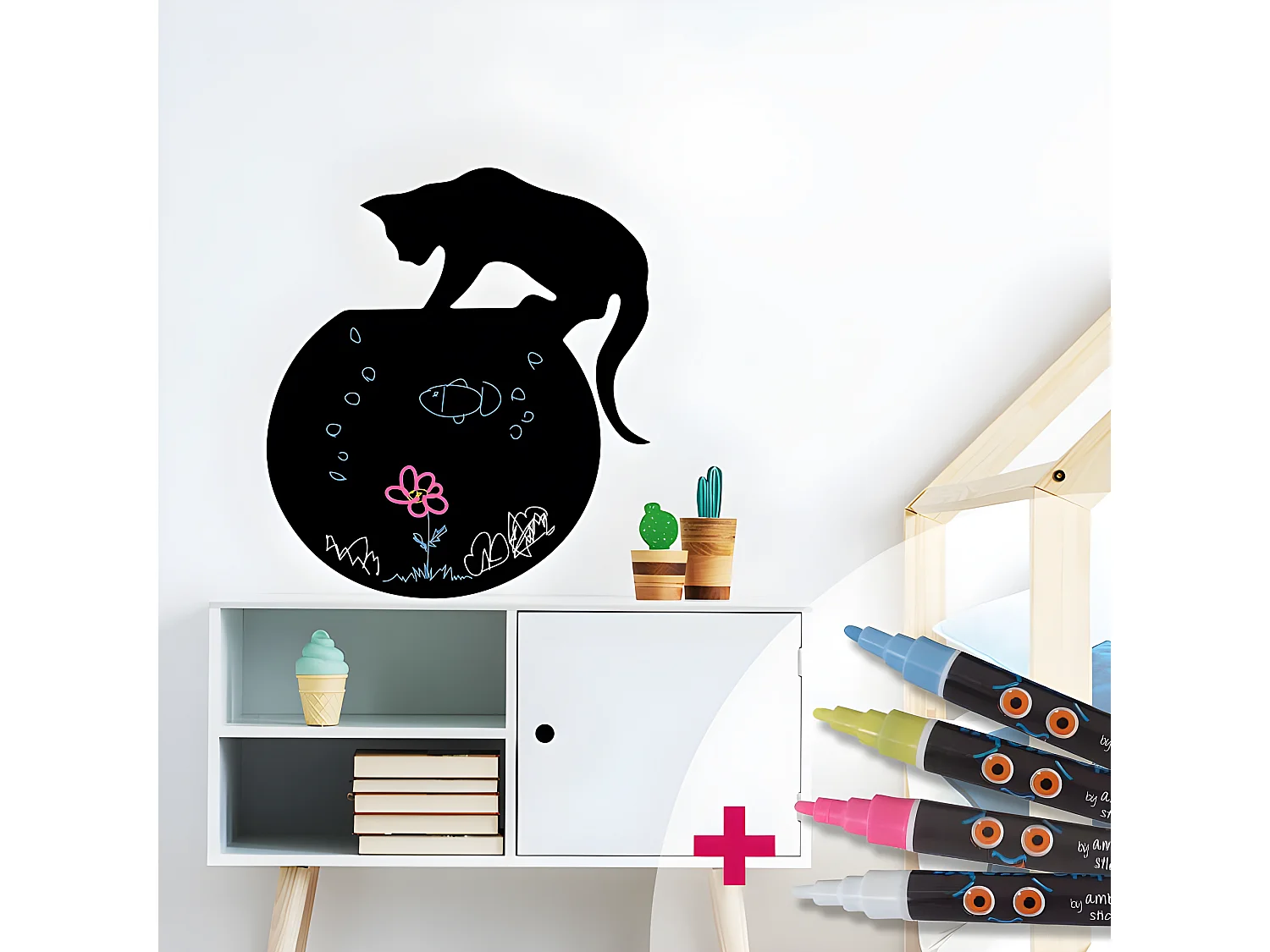 Sticker ardoise tableau noir - stickers muraux adhésif effaçable - CHATON SUR L'AQUARIUM + 4 CRAIES LIQUIDES - 130x115cm