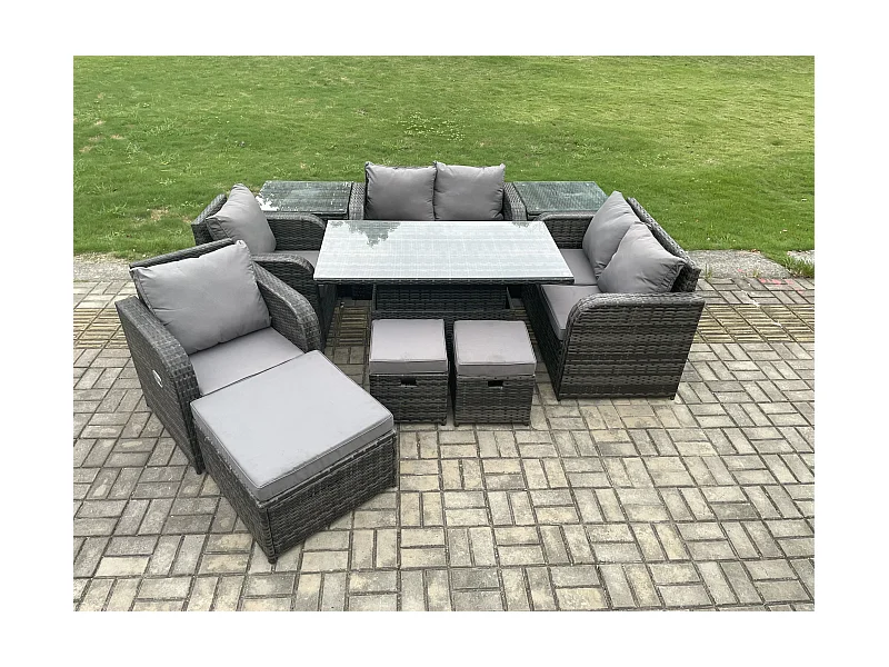 Mobilier de jardin 9 Places extérieur PE Rotin -canapé,Chaises inclinable,2 Table d'appoint Tabourets-Mélange gris foncé