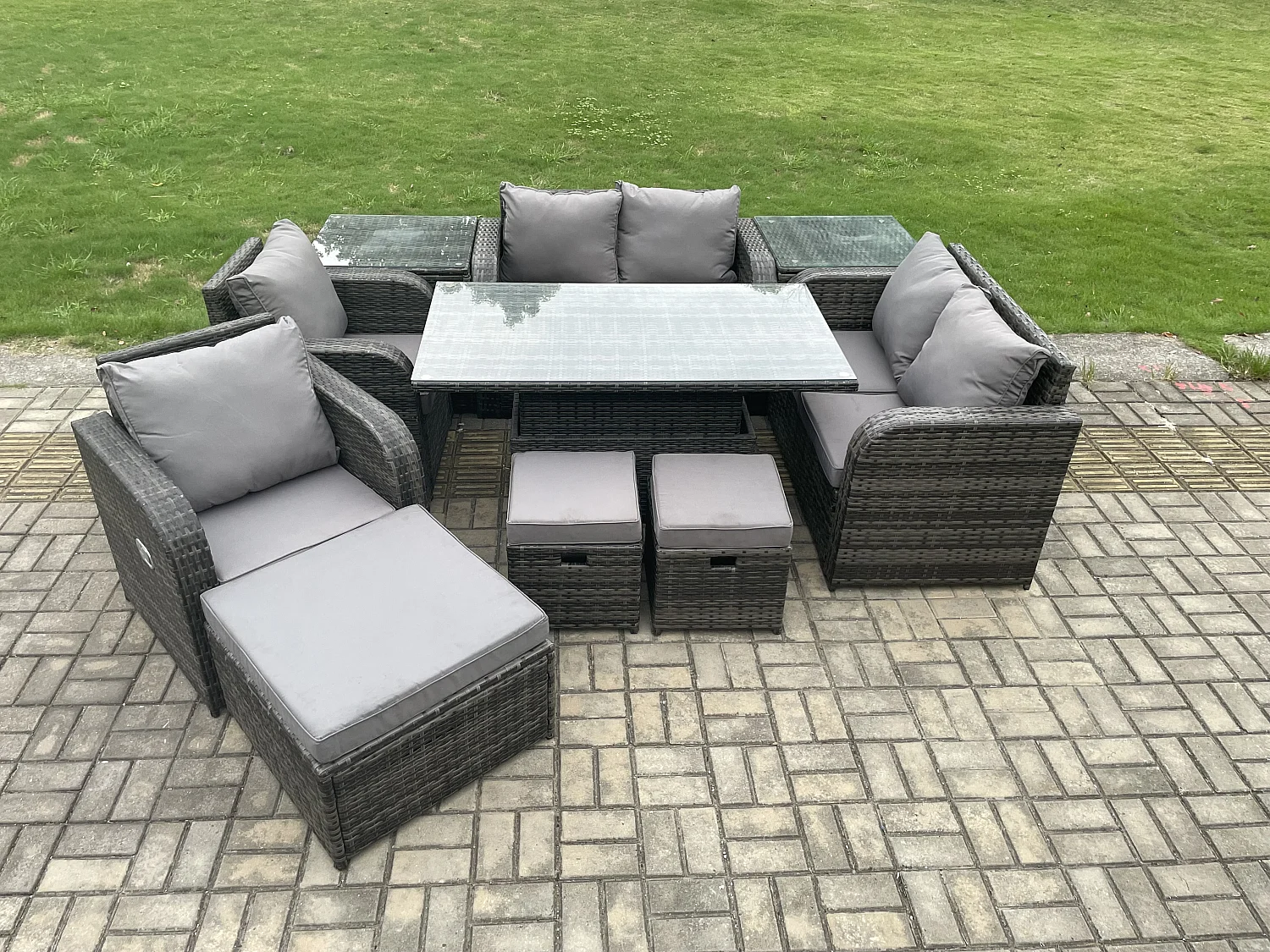 Mobilier de jardin 9 Places extérieur PE Rotin -canapé,Chaises inclinable,2 Table d'appoint Tabourets-Mélange gris foncé