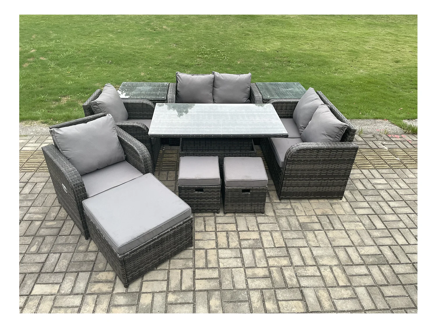 Mobilier de jardin 9 Places extérieur PE Rotin -canapé,Chaises inclinable,2 Table d'appoint Tabourets-Mélange gris foncé