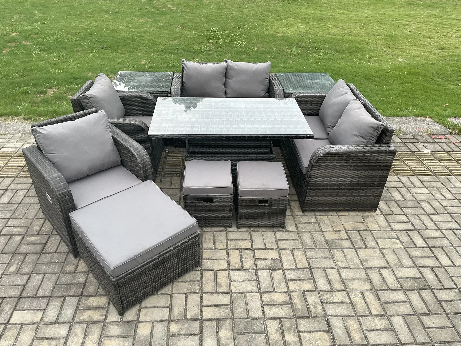 Mobilier de jardin 9 Places extérieur PE Rotin -canapé,Chaises inclinable,2 Table d'appoint Tabourets-Mélange gris foncé
