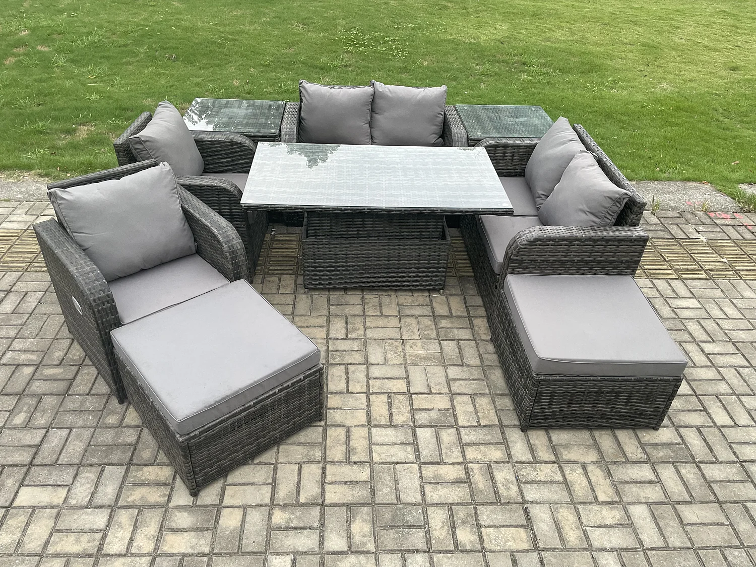 Mobilier de jardin 8 Places extérieur PE Rotin -canapé ,Chaises inclinable ,2 Table d'appoint ,2 Tabourets -Mélange gris foncé