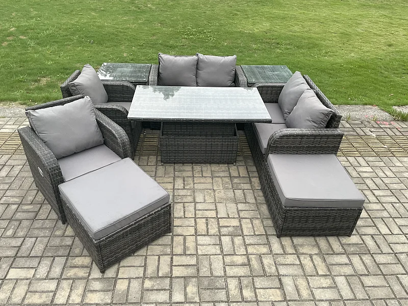 Mobilier de jardin 8 Places extérieur PE Rotin -canapé ,Chaises inclinable ,2 Table d'appoint ,2 Tabourets -Mélange gris foncé