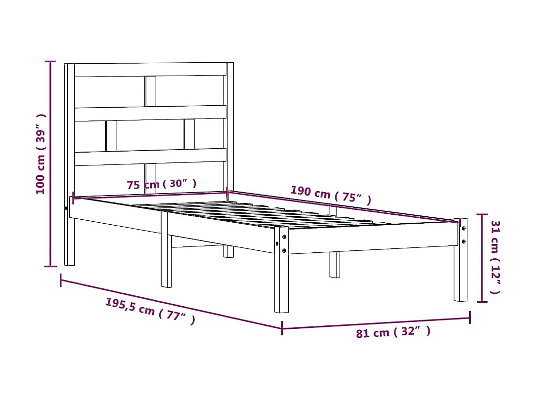 Bedframe massief hout 75x190 cm