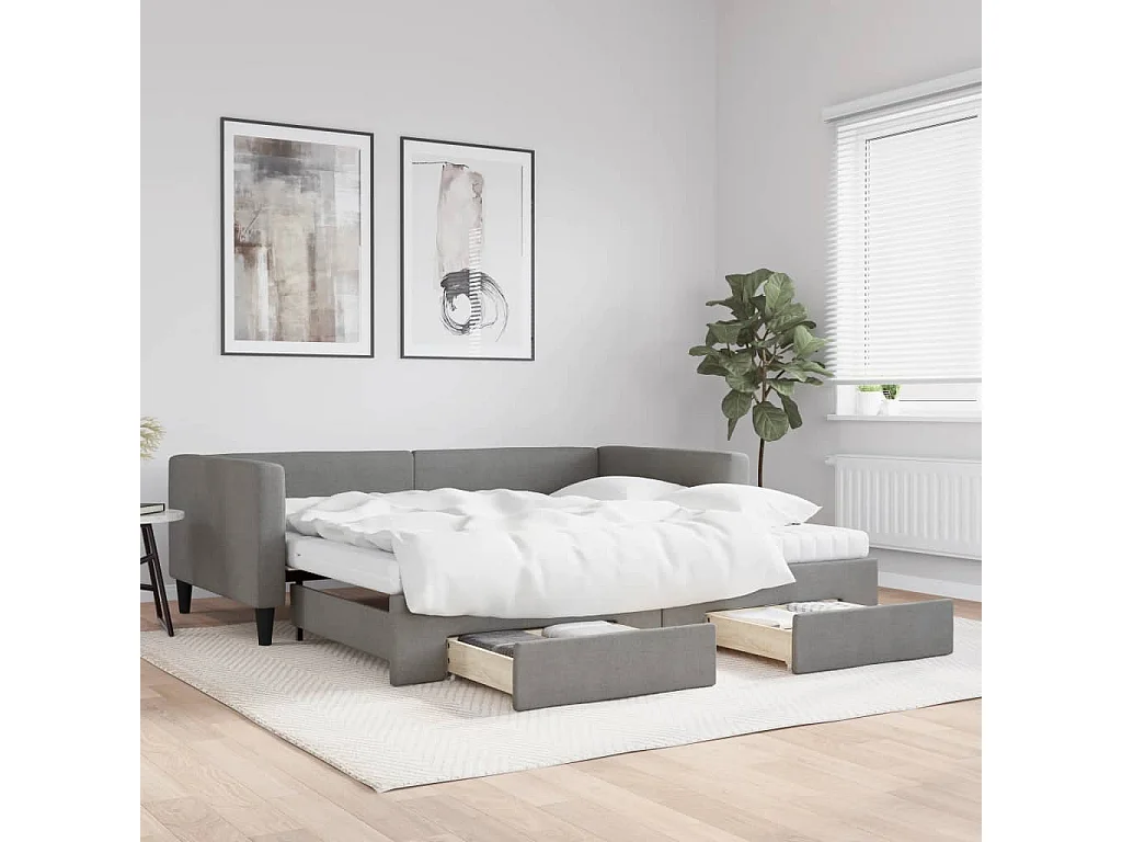 Lit de jour avec gigogne et tiroirs gris foncé 100x200 cm tissu