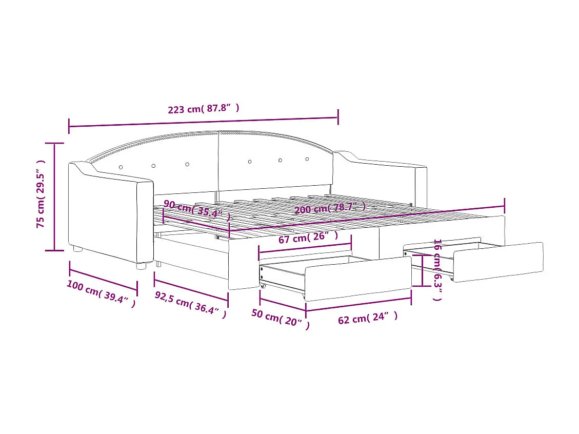 Lit de jour avec gigogne et tiroirs sans matelas noir 90x200 cm