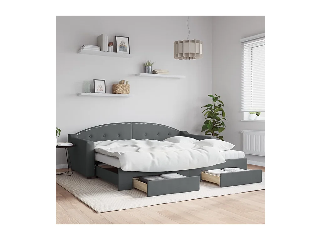 Lit de jour avec gigogne et tiroirs gris foncé 90x200 cm tissu