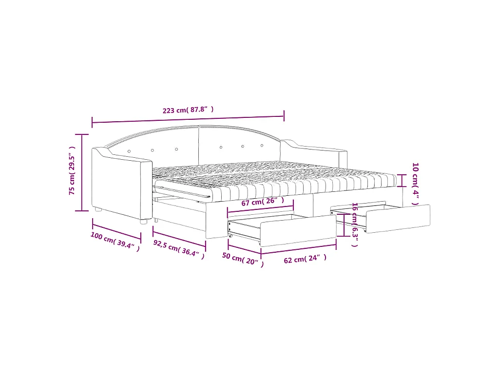 Slaapbank onderschuifbed en lades 90x200 cm stof donkergrijs
