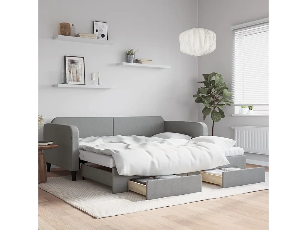 Lit de jour avec gigogne et tiroirs gris clair 100x200 cm tissu