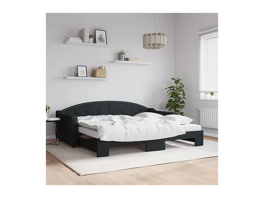 Lit de jour avec gigogne et matelas noir 90x200 cm tissu