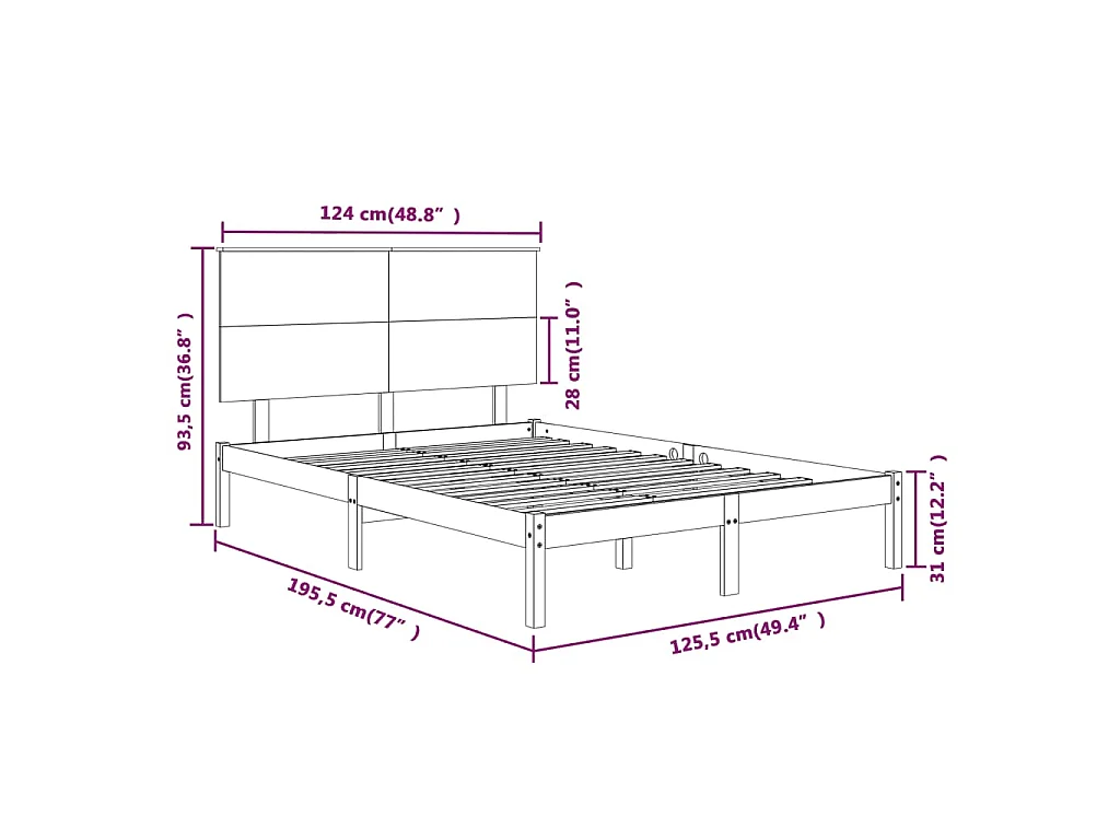 Estructura de cama doble pequeña madera maciza blanca 120x190cm