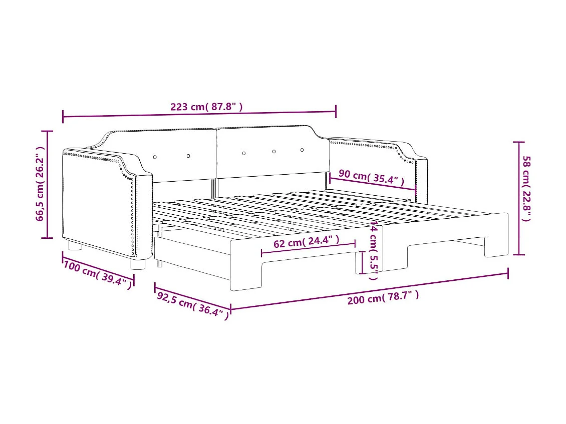 Slaapbank met onderschuifbed 90x200 cm stof donkergrijs