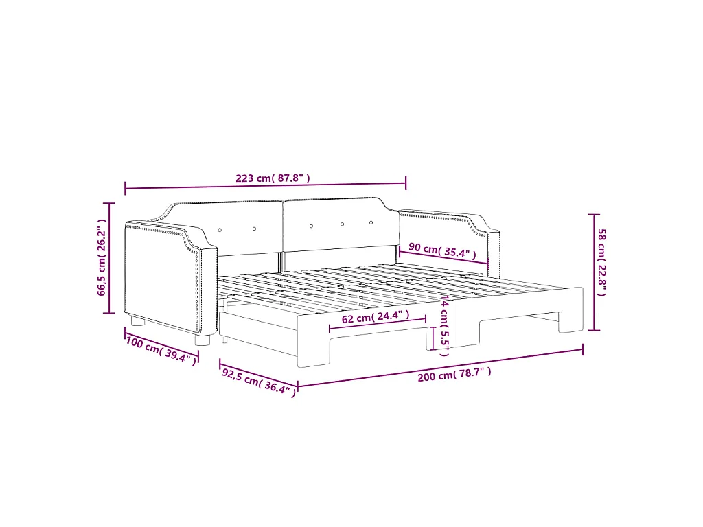 Slaapbank met onderschuifbed 90x200 cm stof donkergrijs