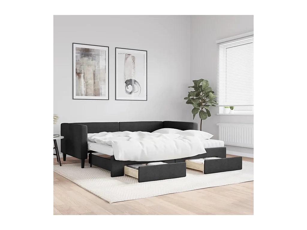Lit de jour avec gigogne et tiroirs noir 90x200 cm tissu