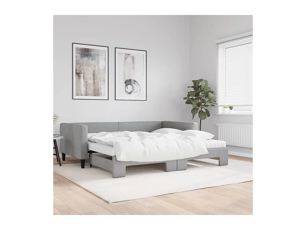 Tagesbett Ausziehbar mit Matratze Hellgrau 100x200 cm Stoff