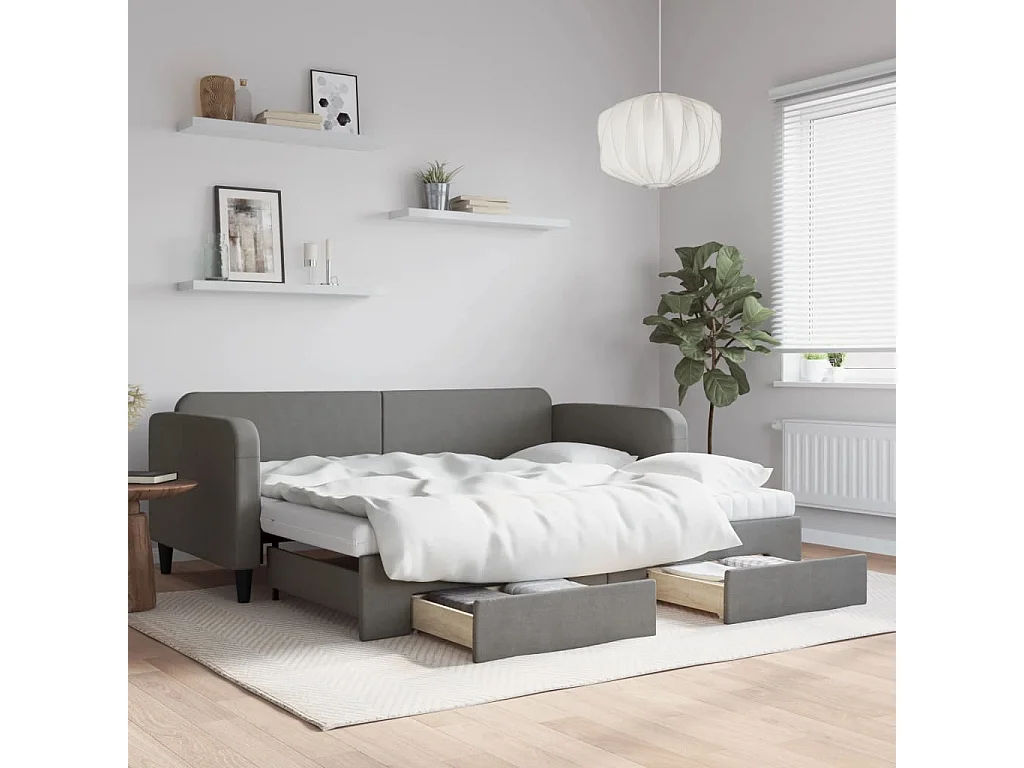 Lit de jour avec gigogne et tiroirs gris foncé 90x200 cm tissu