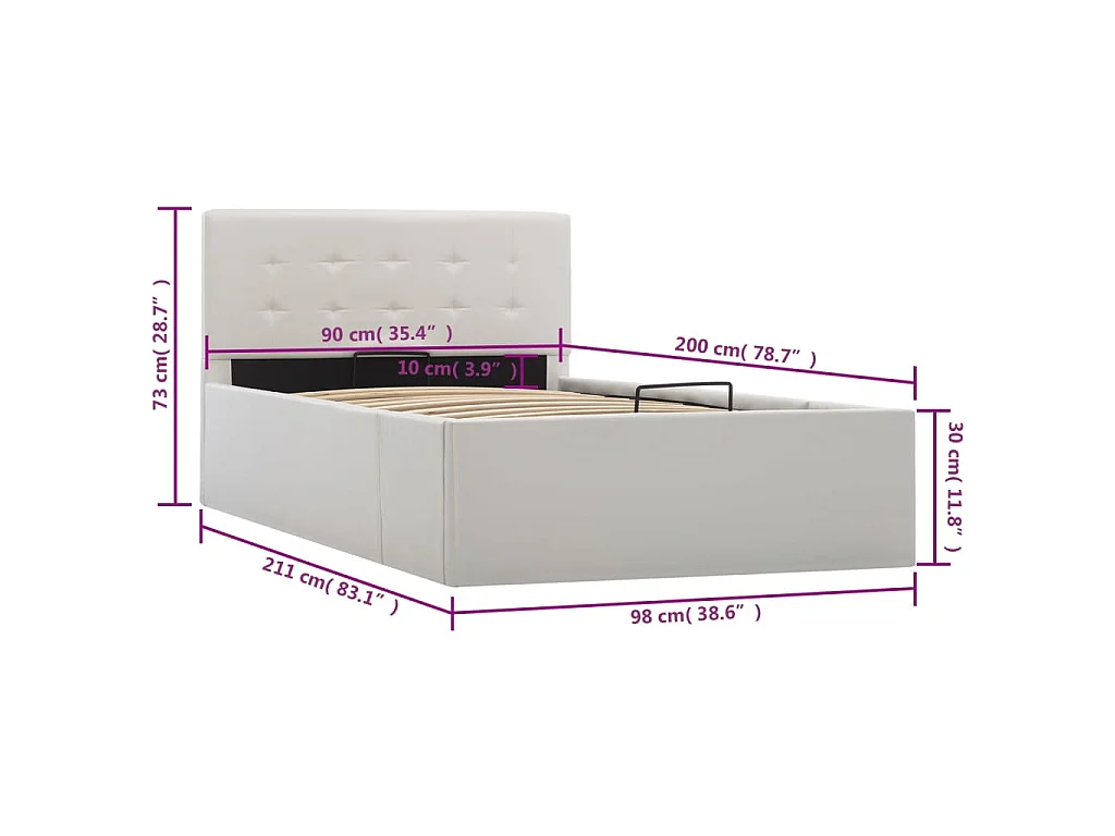 Cama hidráulica c/ arrumação 90x200cm couro artificial branco