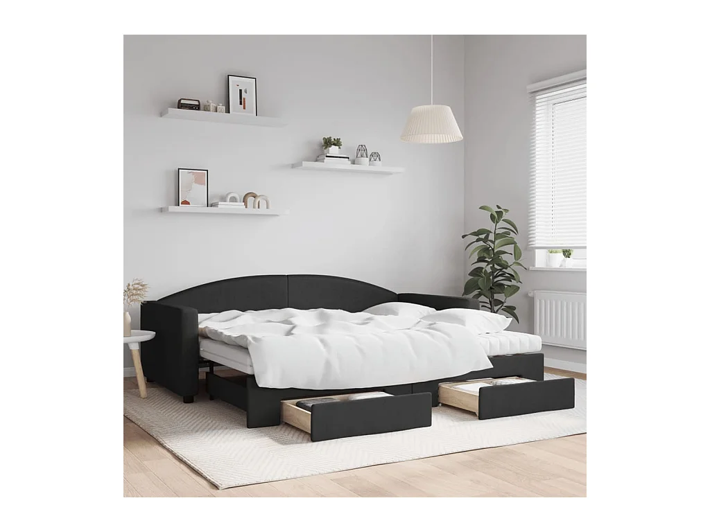 Tagesbett Ausziehbar mit Schubladen Schwarz 90x200 cm Stoff