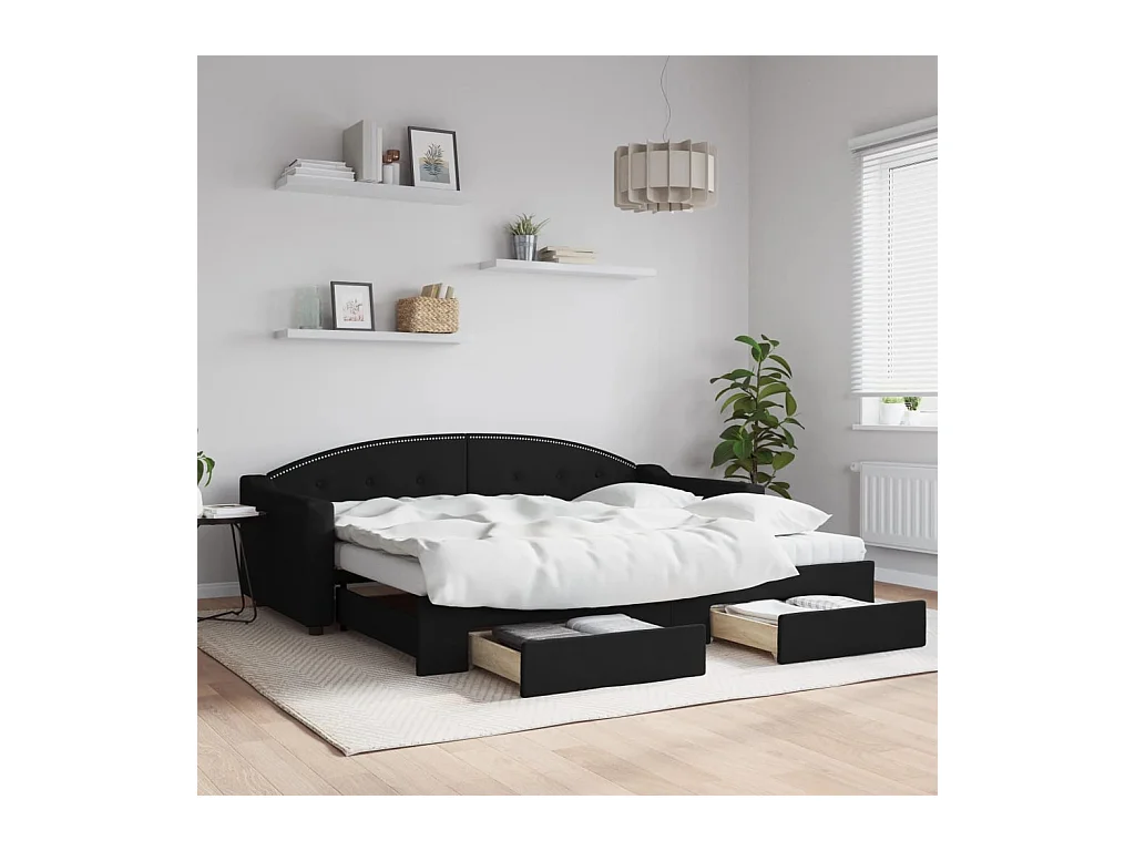 Tagesbett Ausziehbar mit Schubladen Schwarz 90x200 cm Stoff