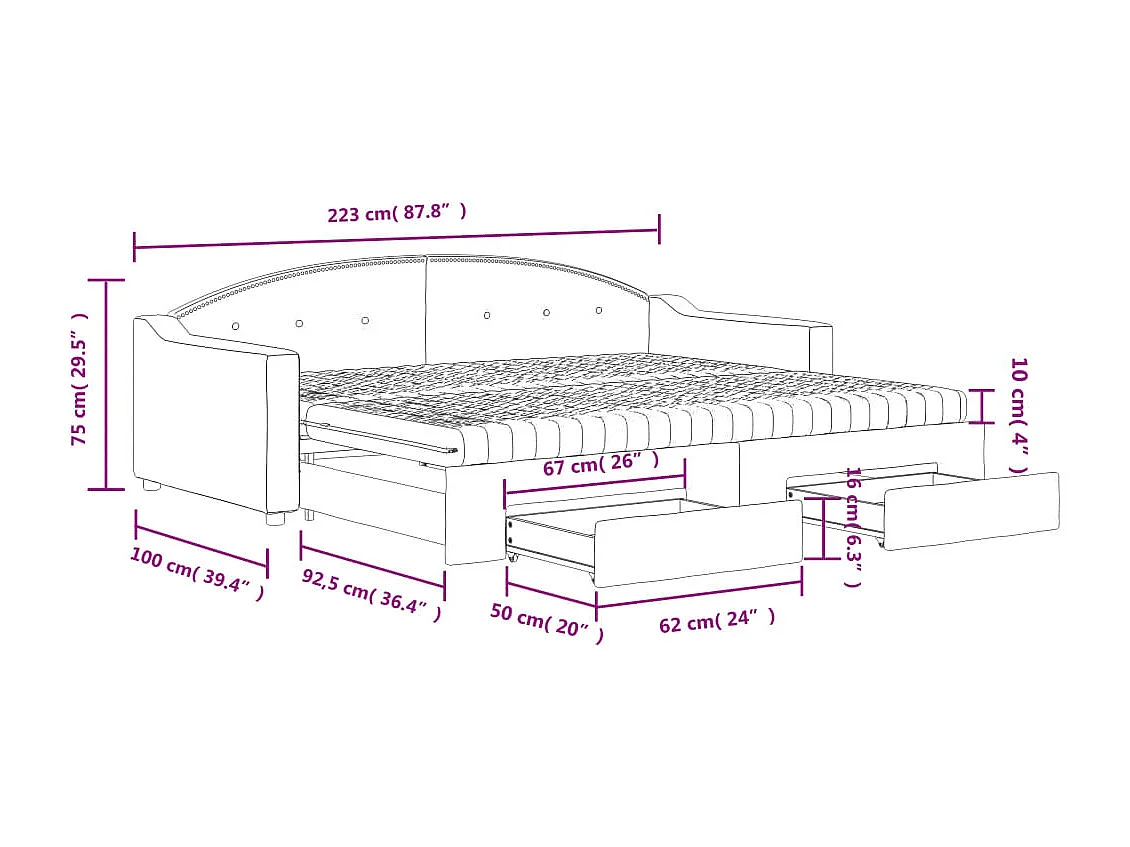 Lit de jour avec gigogne et tiroirs noir 90x200 cm tissu