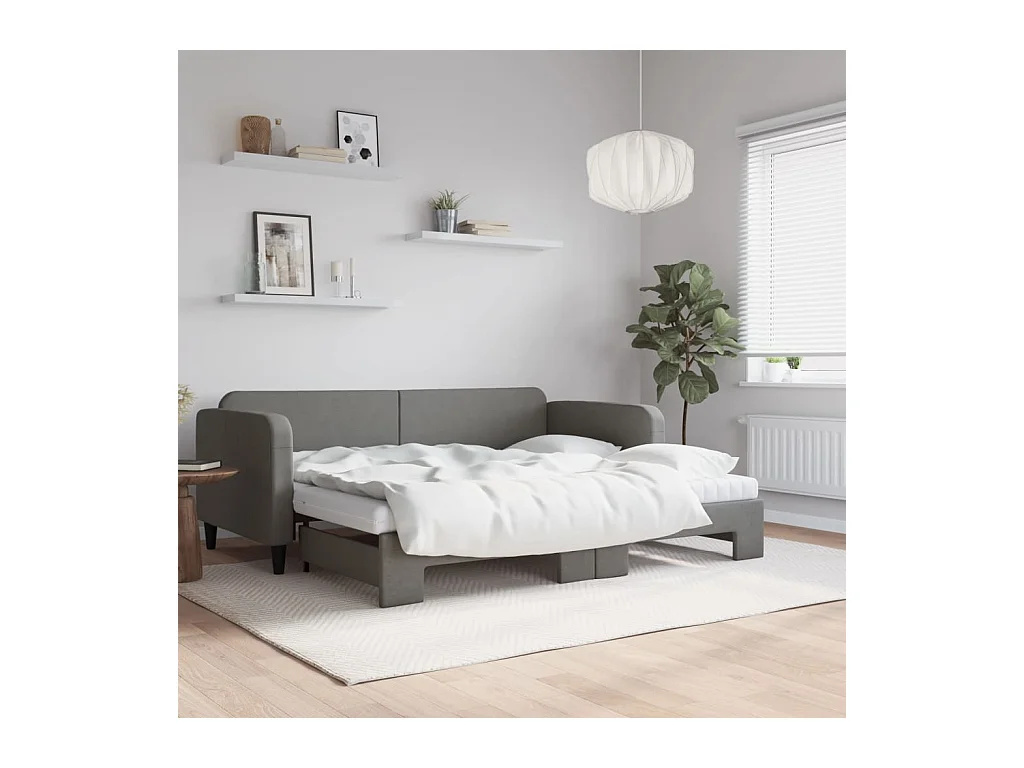 Lit de jour avec gigogne et matelas gris foncé 90x200 cm tissu