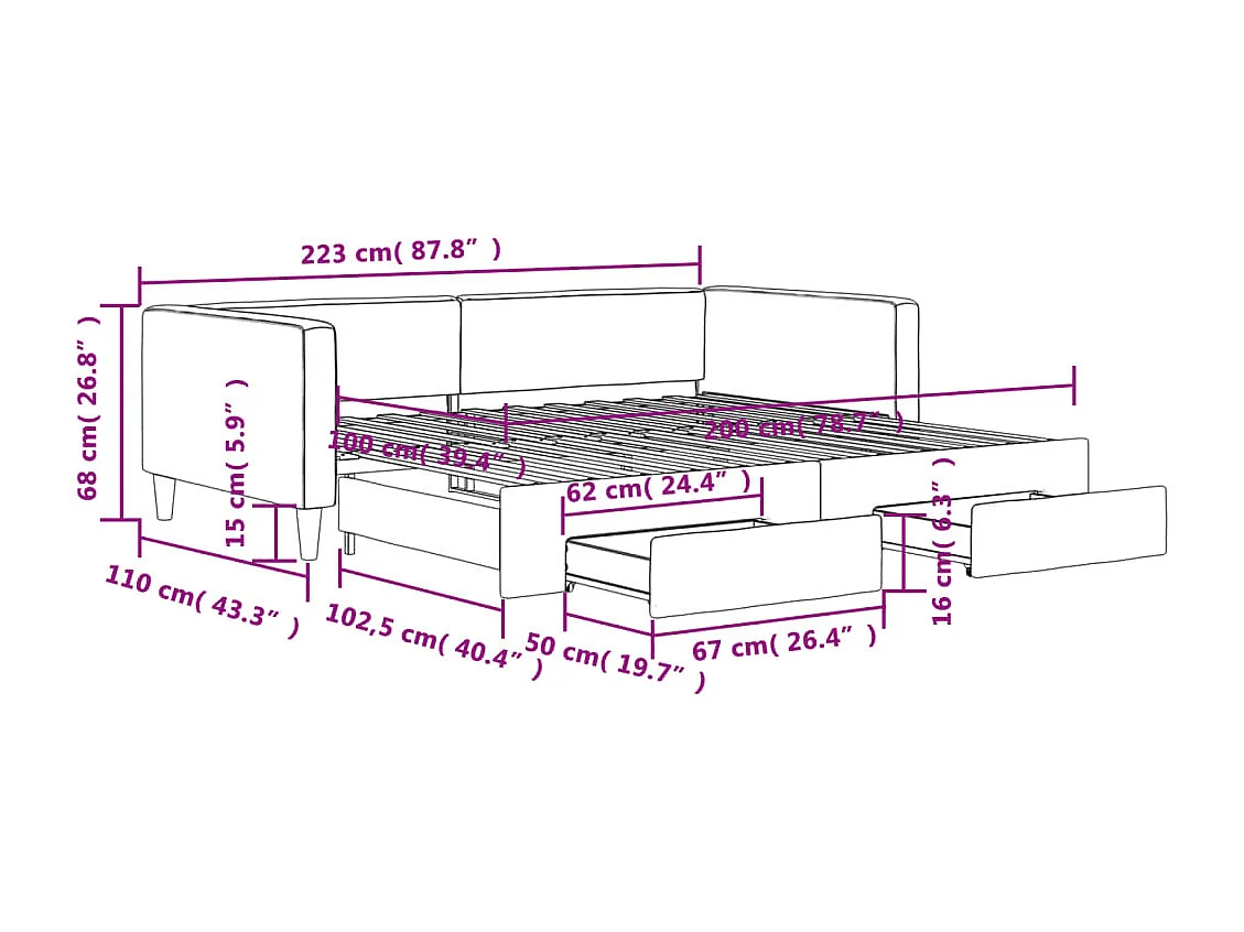 Tagesbett Ausziehbar mit Schubladen Hellgrau 100x200 cm Stoff