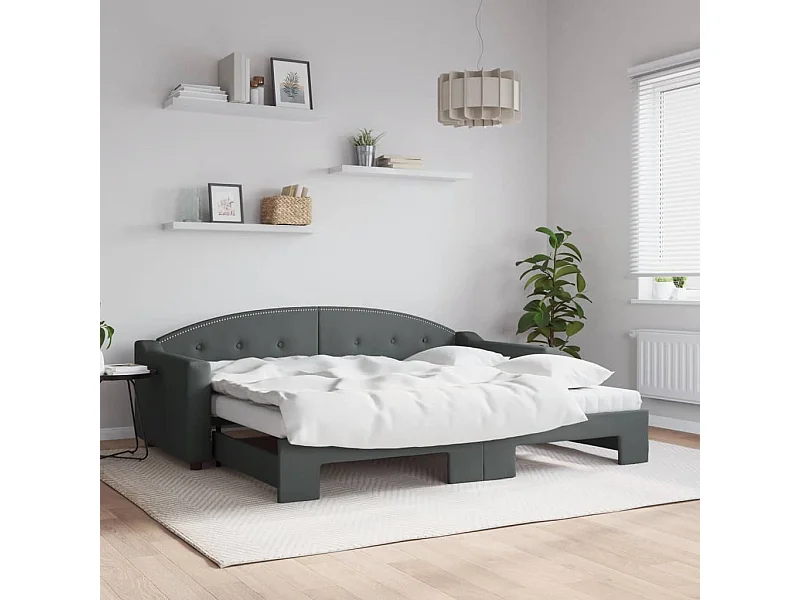 Lit de jour avec gigogne et matelas gris foncé 90x200 cm tissu