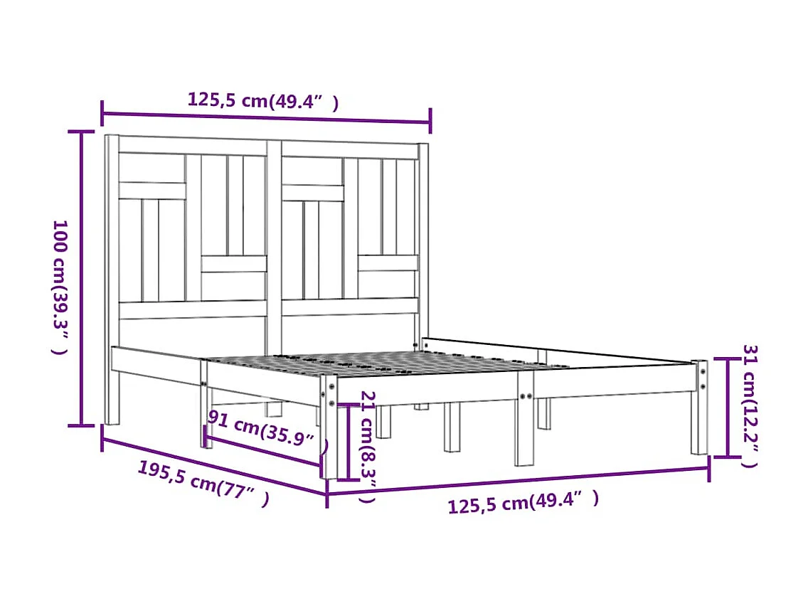 Bedframe massief hout wit 120x190 cm