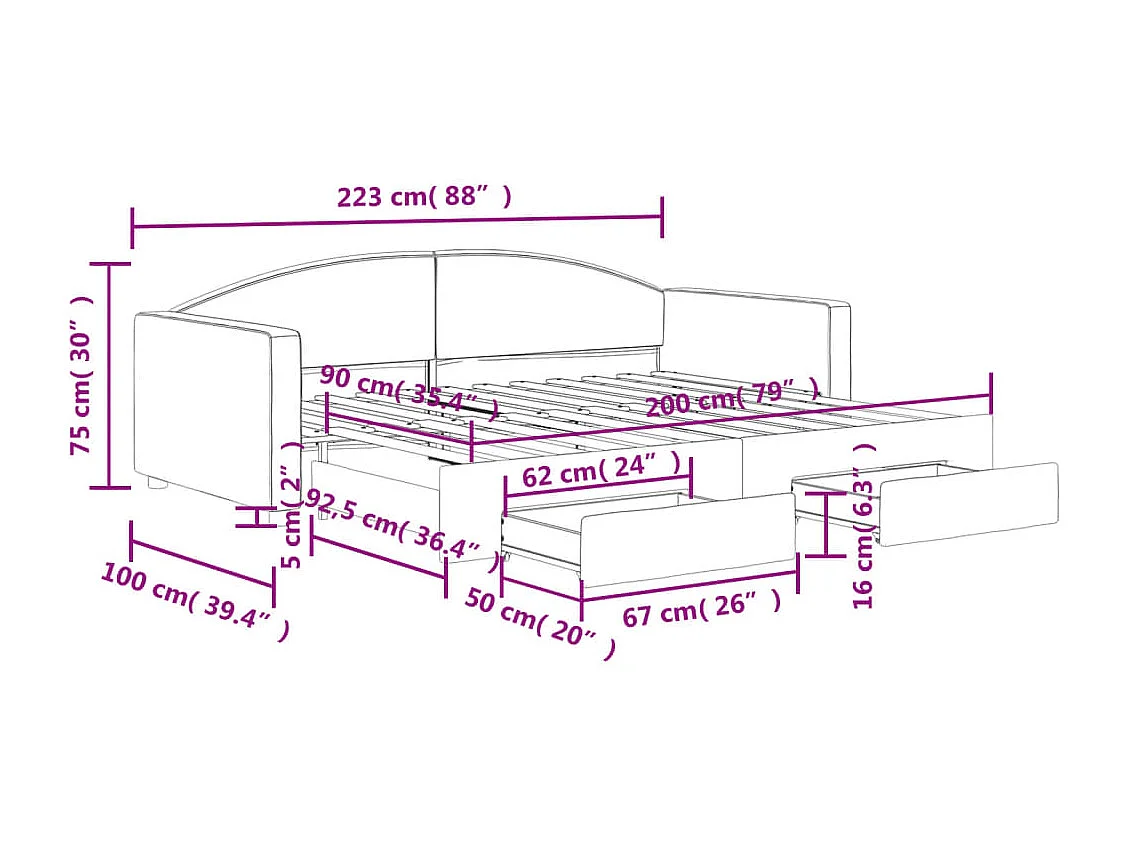 Divano Letto Estraibile Cassetti Grigio Scuro 90x200cm Tessuto