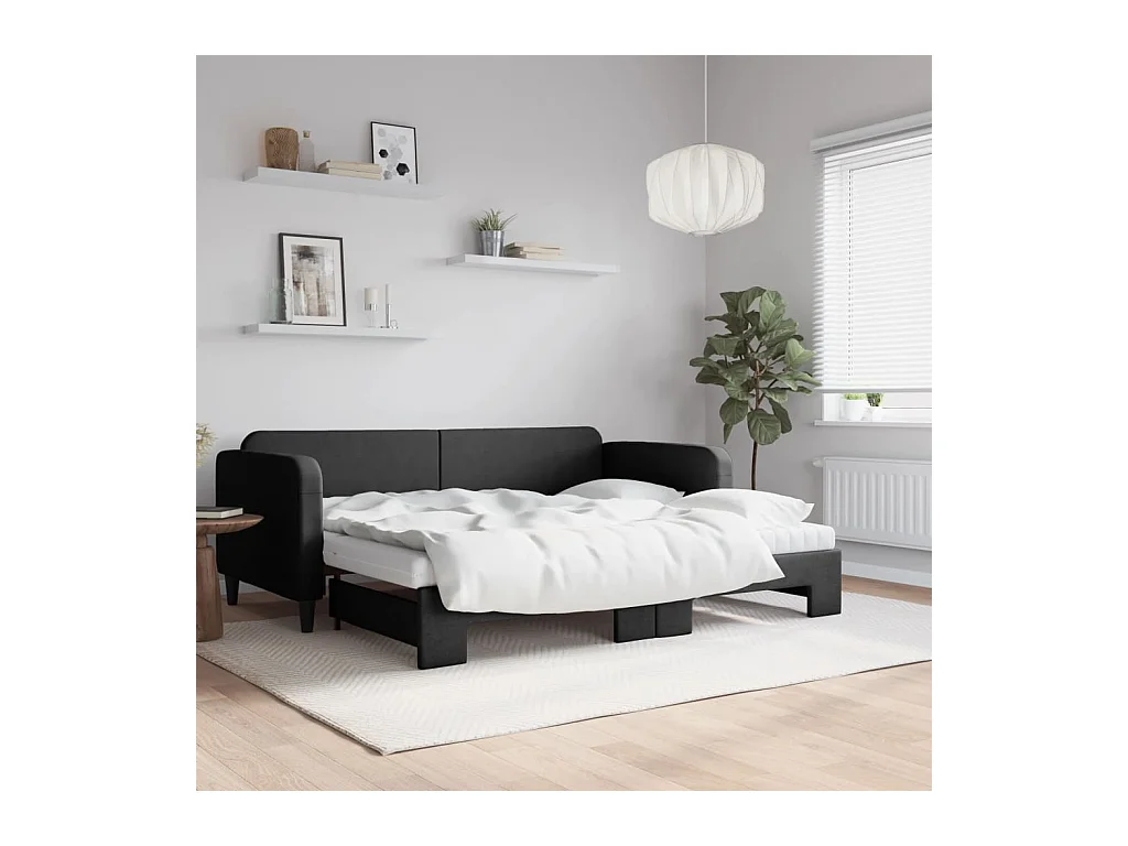 Lit de jour avec gigogne et matelas noir 90x200 cm tissu
