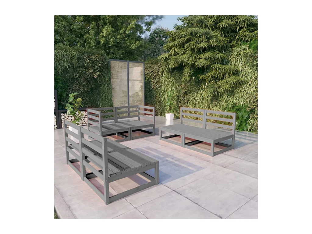 Set Divani da Giardino 6 pz Grigio in Legno Massello di Pino