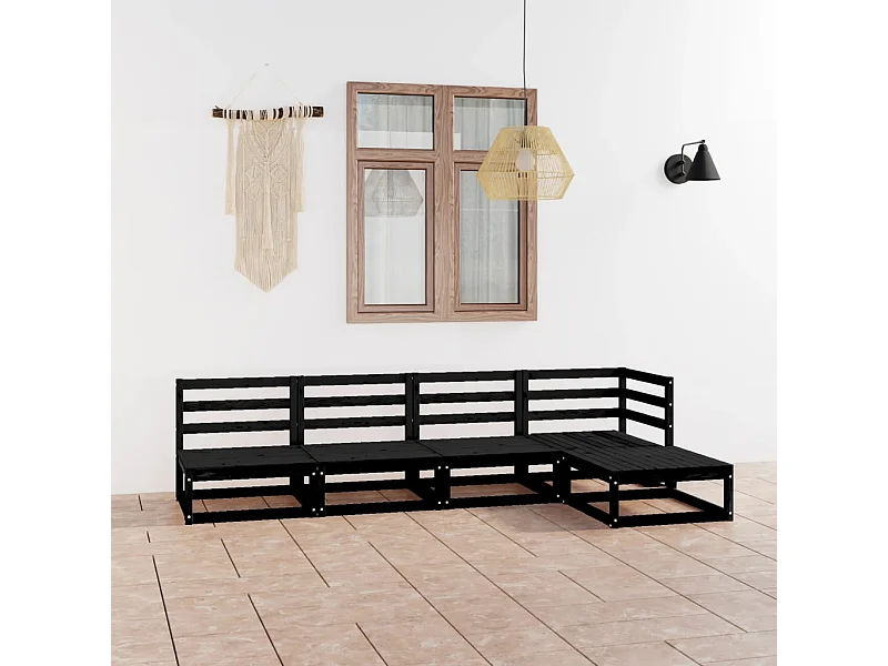 5-tlg. Garten-Lounge-Set Schwarz Massivholz Kiefer