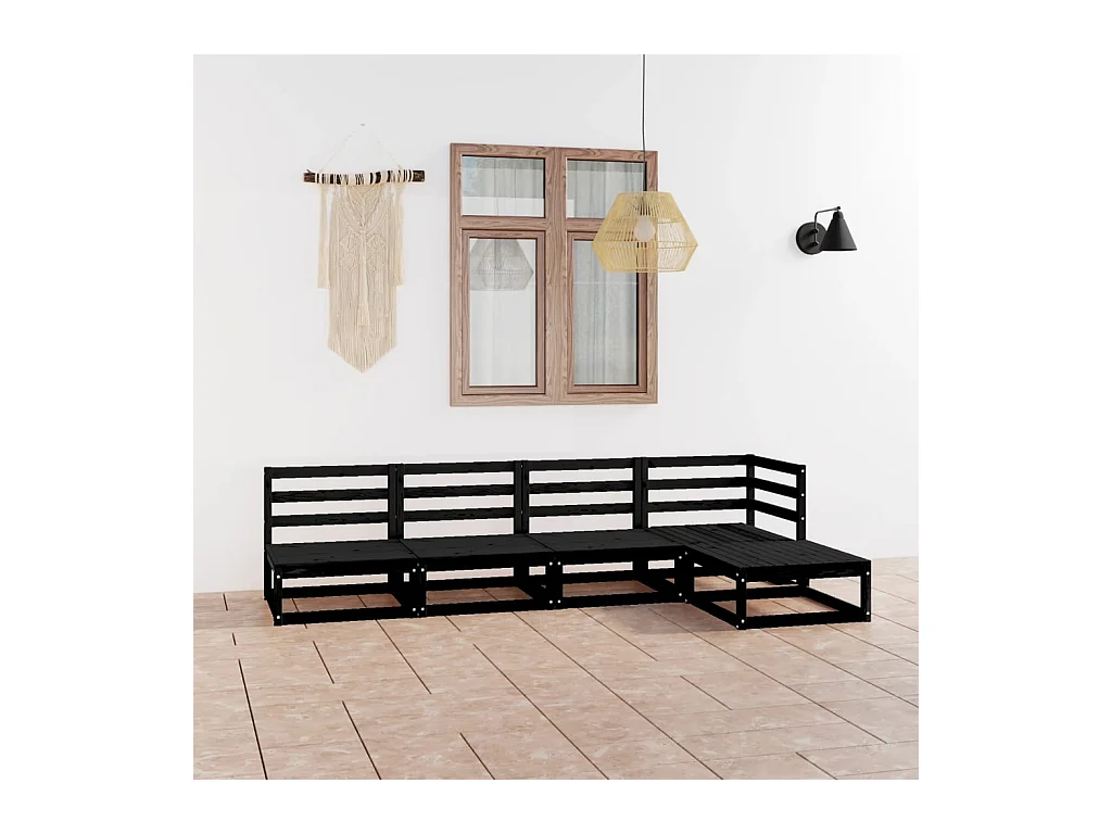 Salon de jardin 5 pcs noir bois de pin massif