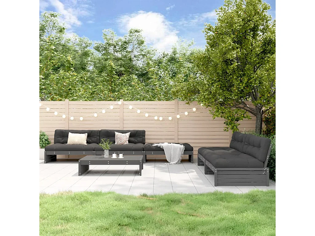 6-tlg. Garten-Lounge-Set mit Kissen Grau Massivholz