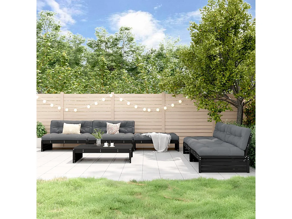 Salon de jardin 6 pcs avec coussins noir bois massif