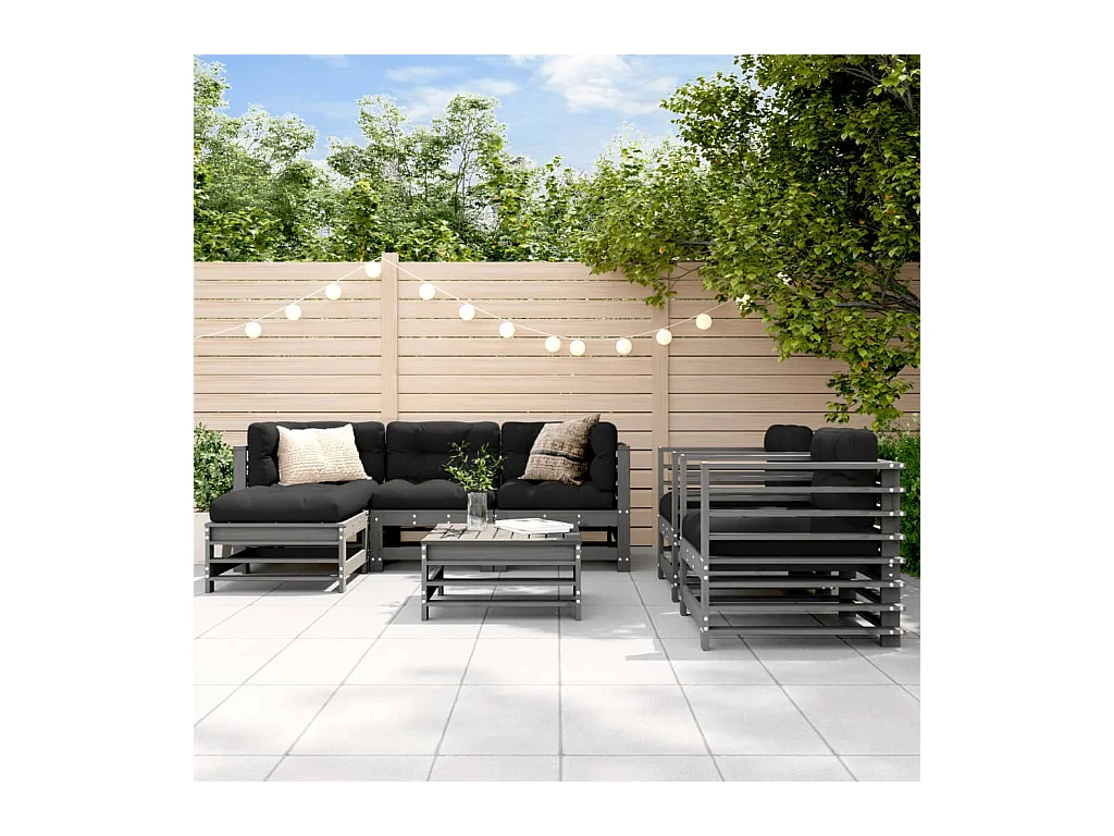 7-delige Loungeset met kussens massief hout grijs