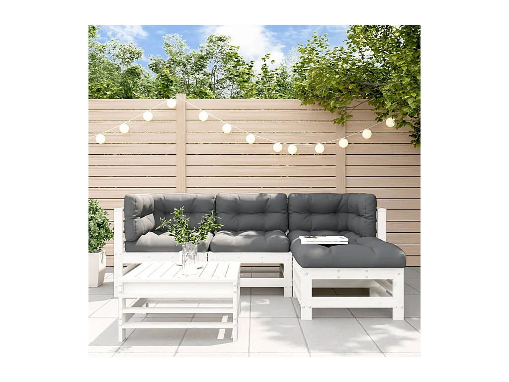 Set Divani da Giardino 5pz con Cuscini in Legno Massello Bianco