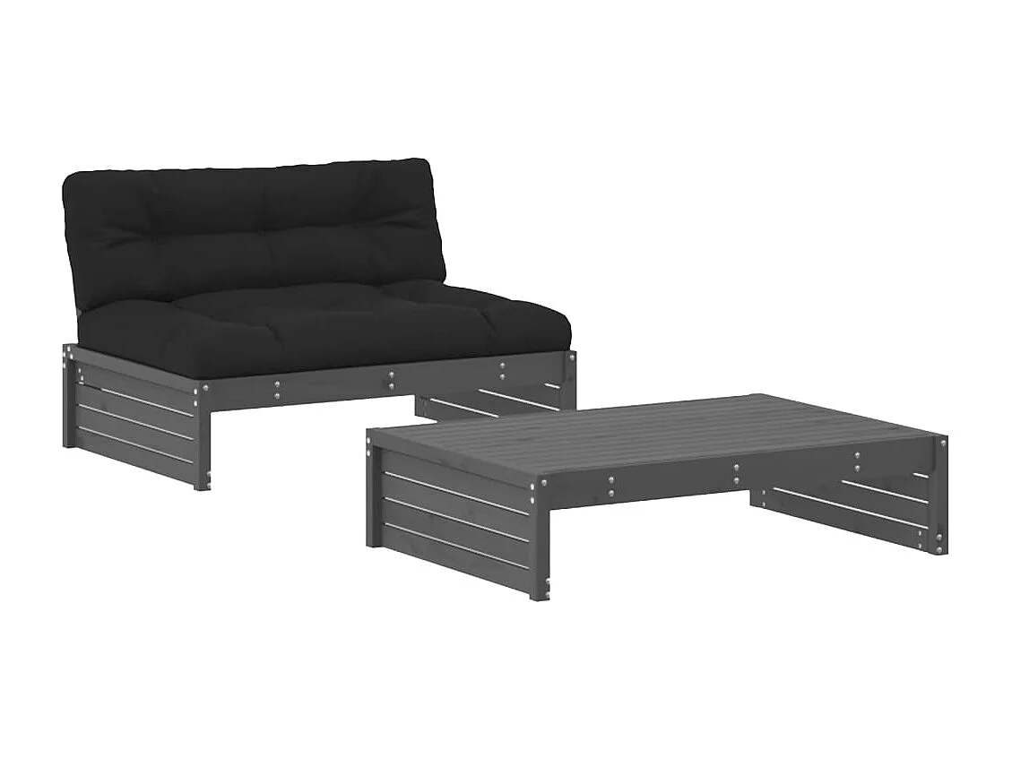 2 pcs conjunto lounge jardim c/ almofadões madeira maciça cinza