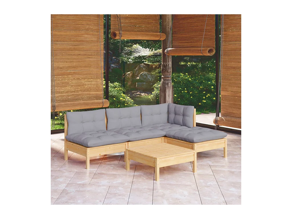 Salon de jardin 5 pcs avec coussins gris bois de pin