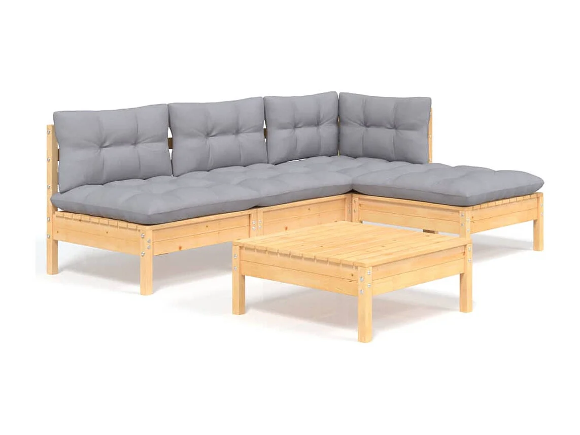 Salon de jardin 5 pcs avec coussins gris bois de pin