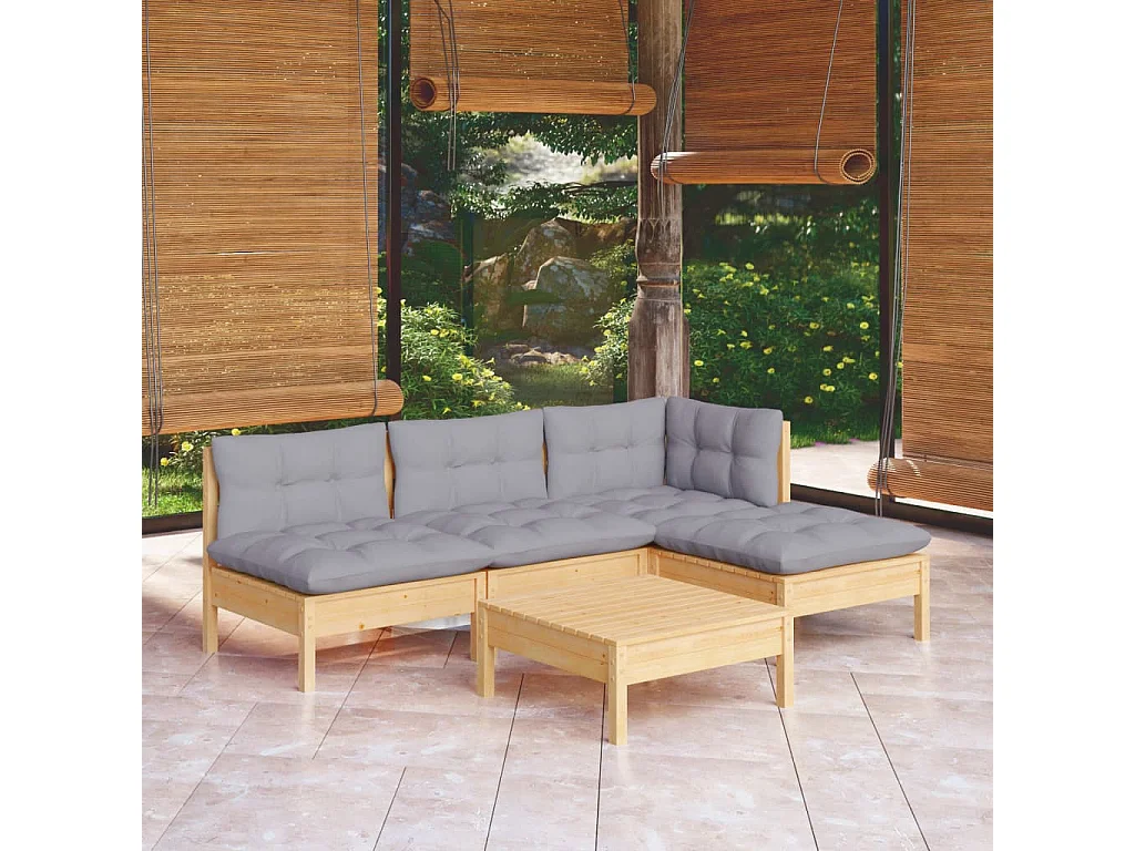 Salon de jardin 5 pcs avec coussins gris bois de pin