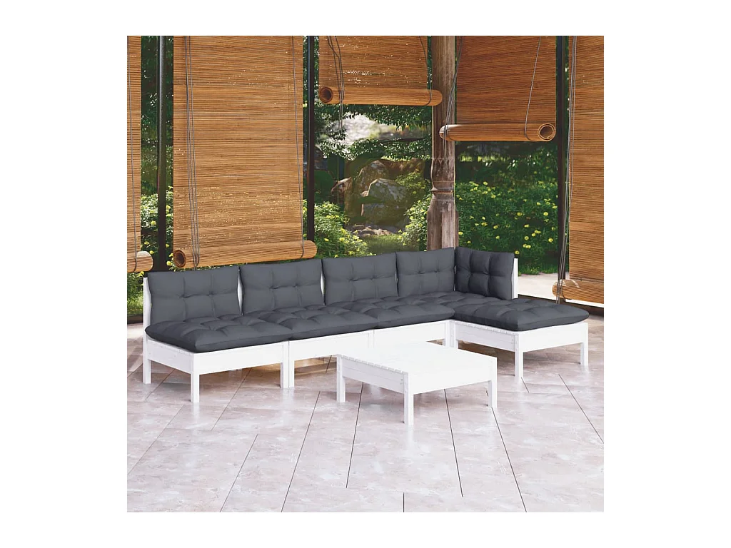Set Divani da Giardino 6 pz con Cuscini Bianchi Legno di Pino